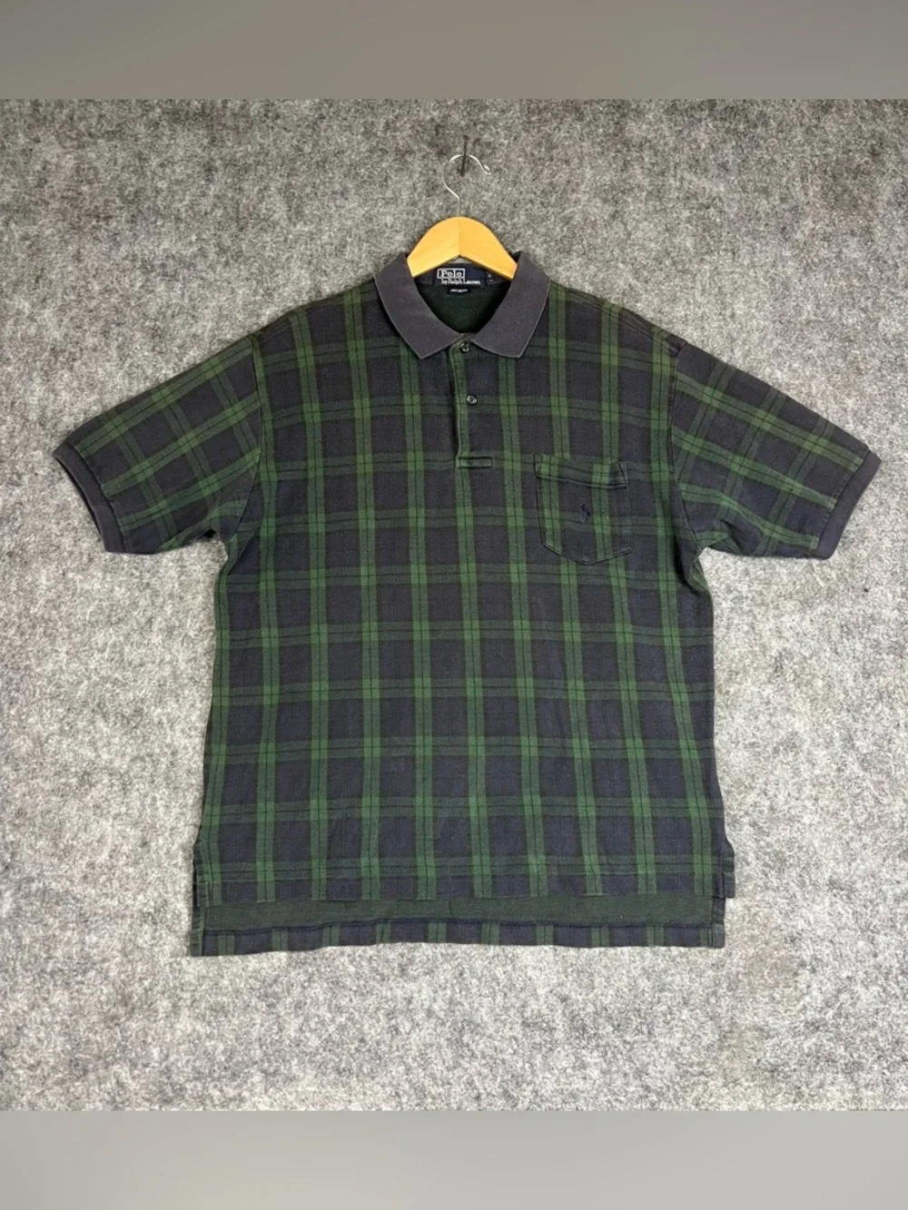 Vintage Ralph Lauren Men's Dark Blue And Green  Plaid Polo Shirt Size L Golfwear